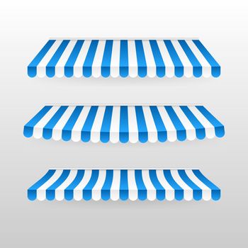 Blue and white sunshade. Outdoor awnings for cafe and shop window isolated vector set. Tent sunshade for market, stripe summer scallop for store illustration