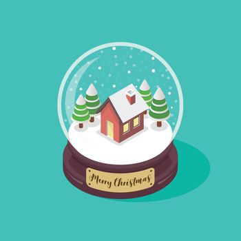 Isometric Merry christmas glass ball with winter house