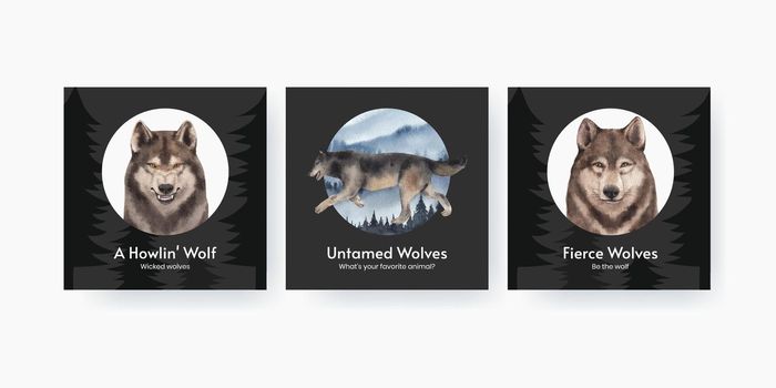 Banner template with wolf in winter concept,watercolor style
