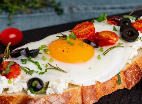 Toasted bread toast with fried eggs with yellow yolk and tomatoes, side view, close up, macro