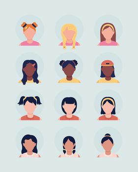 Girl with different hair semi flat color vector character avatar set