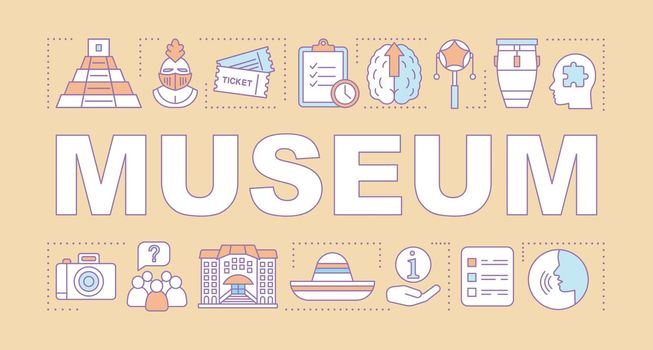Museum word concepts banner. Family activities with kids. Educational, entertaining museum trips. Presentation, website. Isolated lettering typography idea, linear icons. Vector outline illustration