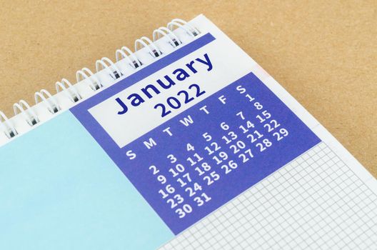 Close up January 2022 desk calendar.