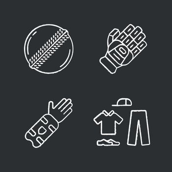 Cricket championship chalk icons set. Sport uniform, protective gear, game equipment. Outdoor sports activity. Team game. Sport competition, tournament. Isolated vector chalkboard illustrations