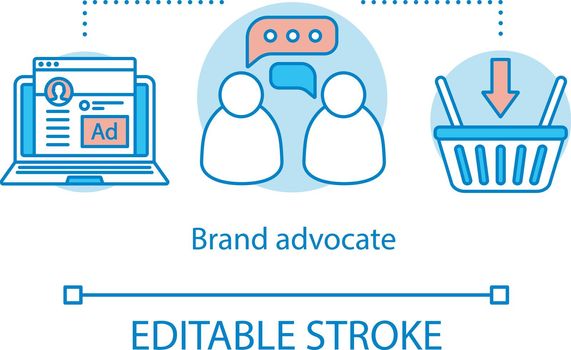 Brand advocate concept icon. Referral marketing tools idea thin line illustration. Online shopping. Smm, social networking, review sharing. Vector isolated outline drawing. Editable stroke