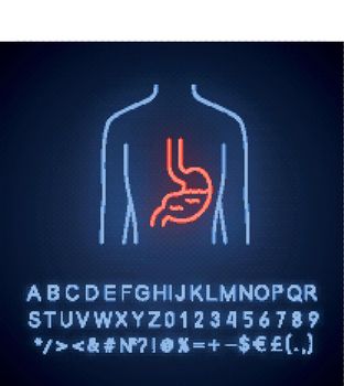 Healthy stomach neon light icon. Human organ in good health. Functioning digestive system. Wholesome gastrointestinal tract. Glowing sign, alphabet, numbers and symbols. Vector isolated illustration