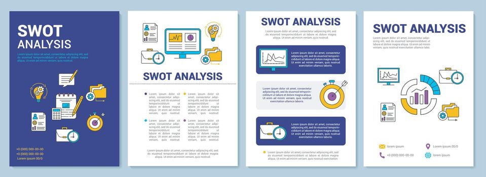 SWOT analysis blue background brochure template layout. Flyer, booklet, leaflet print design with linear illustrations. Vector page layouts for magazines, annual reports, advertising posters