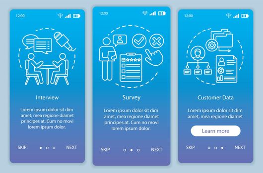 Customers profile methods blue gradient onboarding mobile app page screen vector template. Walkthrough website steps with linear illustrations. UX, UI, GUI smartphone interface concept