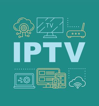 IPTV pine word concepts banner. Presentation, website. TV box, Internet protocol TV, multimedia tracking. Isolated lettering typography idea with linear icons. Vector outline illustration