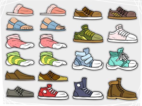 Cartoon different shoes and soks vector icons