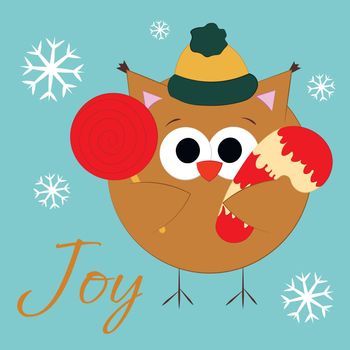 Christmas greeting postcard with character Owl and lollipop and candy cane