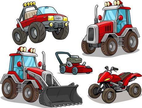 Cartoon red bulldozer offroad truck quad motorbike