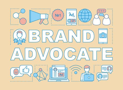 Brand advocate word concepts banner. Influencer, viral marketing tools. Customer attraction strategy. Presentation, website. Isolated lettering typography idea, linear icons. Vector outline illustration