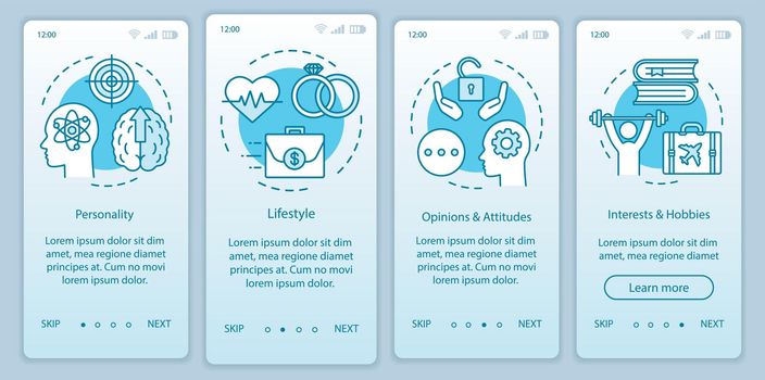 Psychographics targeting turquoise gradient onboarding mobile app page screen vector template. Walkthrough website steps with linear illustrations. UX, UI, GUI smartphone interface concept