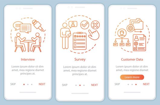 Customers profile methods orange gradient onboarding mobile app page screen vector template. Walkthrough website steps with linear illustrations. UX, UI, GUI smartphone interface concept