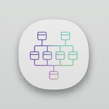 Network diagram app icon. Cluster diagram. Network graphical chart. Computers structure. Interconnected system. UI/UX user interface. Web or mobile applications. Vector isolated illustrations