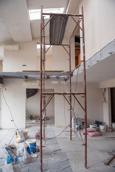 interior of construction site with scaffolding