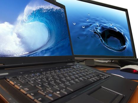 water concept on laptop and big widescreen tft display