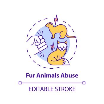 Fur animals abuse concept icon. Harm to fox. Mink coat. Animal abuse. Wildlife conservation. Fur factory idea thin line illustration. Vector isolated outline RGB color drawing. Editable stroke