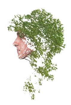 Double exposure of man with funky hairstyle