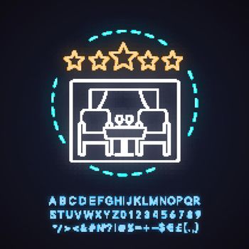 Accommodation booking neon light concept icon