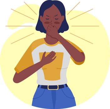 Woman with chest pain semi flat color vector character