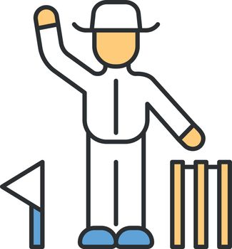 Cricket judge color icon. Umpire signals decision. Arbitrator follow game. Man in white uniform, flag and wicket. Sport competition, tournament. Outdoor sports activity. Isolated vector illustration