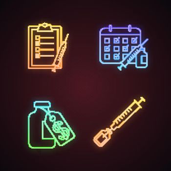Vaccination and immunization neon light icons set