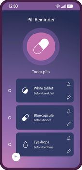 Pills, med reminder app smartphone interface vector template
