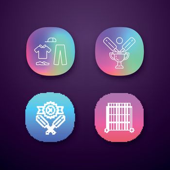 Cricket championship app icons set. Sport tournament. Uniform, champion cup, defeat, sight screen. Sport contest. UI/UX user interface. Web or mobile applications. Vector isolated illustrations
