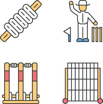 Cricket championship color icons set. Sport competition. Bail, stumps, sight screen, umpire. Sporting gear, judge. Club tournament. Athletic activity. Team battle. Isolated vector illustrations