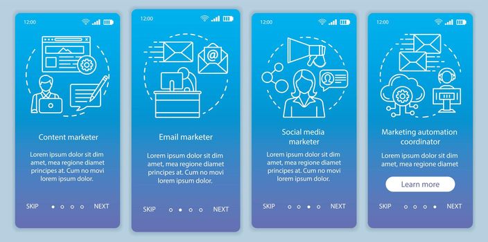 Digital marketing specialties blue gradient onboarding mobile app page screen vector template. Marketer walkthrough website steps with linear illustrations. UX, UI, GUI smartphone interface concept