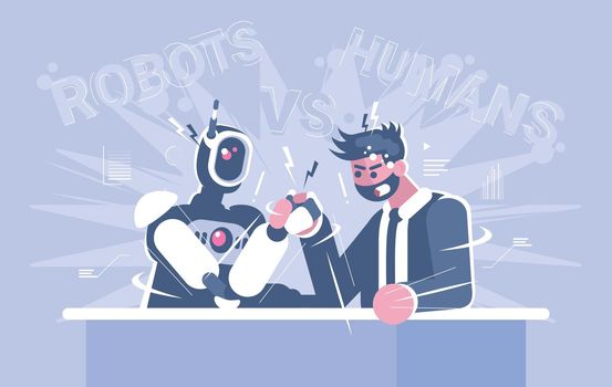 Human arm wrestling vs robot flat vector illustration. Robotics revolution concept. Cyborgs, humanoids replace people. Human office worker fighting versus manager with artificial intelligence