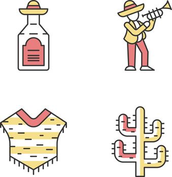 Mexican culture color icons set