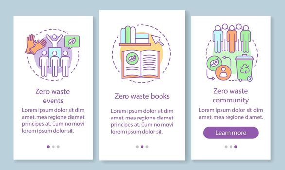Zero waste education onboarding mobile app page screen with linear concepts. Eco friendly lifestyle walkthrough steps graphic instructions. UX, UI, GUI vector template with illustrations