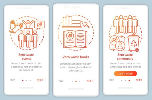 Zero waste education onboarding mobile app page screen vector template. Eco friendly lifestyle walkthrough website steps with linear illustrations. UX, UI, GUI smartphone interface concept