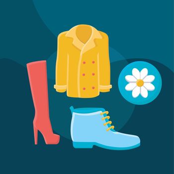 Spring fashion flat concept vector icon. Shopping idea cartoon color illustrations set. Clothing store. Clothes and shoes. Womens outfit. Coat, boots, high heels. Isolated graphic design element