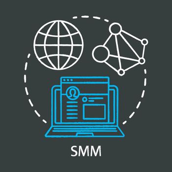 SMM chalk concept icon. Digital marketing tool idea. Social media marketing. Networking website, content sharing. Product promotion. Vector isolated chalkboard illustration