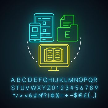 Ebook neon light icon. Online learning. Electronic book. Consideration content. Distance education. Online lessons. Glowing sign with alphabet, numbers and symbols. Vector isolated illustration