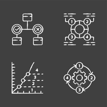 Diagram concepts chalk icons set. Decision, explanatory, phase, process charts. Statistics data and process flow. Information symbolic representation. Isolated vector chalkboard illustrations