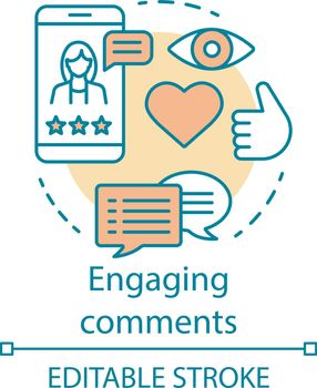 Engaging comments concept icon. Online PR idea thin line illustration. Content marketing. Subscribers review. Blog commenting, clients feedback. Vector isolated outline drawing. Editable stroke