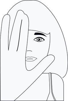 Serious girl looks straight. Stop gesture. Avatar for girls. Vector graphics hand drawing black and white.