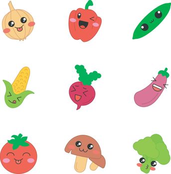 Vegetables cute kawaii vector characters