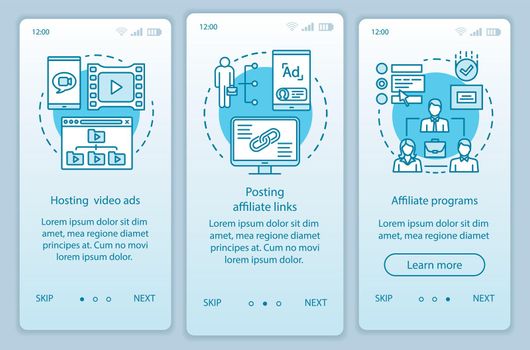 Affiliate marketing turquoise onboarding mobile app page screen vector template. Affiliate advertising walkthrough website steps with linear illustrations. UX, UI, GUI smartphone interface concept