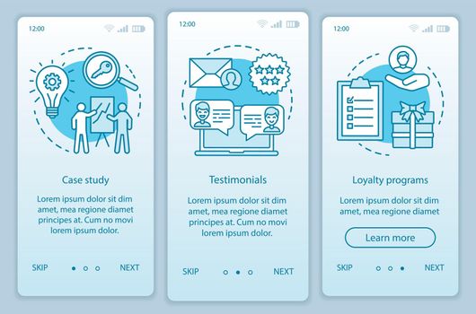 Decision making content turquoise onboarding mobile app page screen vector template. Customer attraction walkthrough website steps with linear illustrations. UX, UI, GUI smartphone interface concept