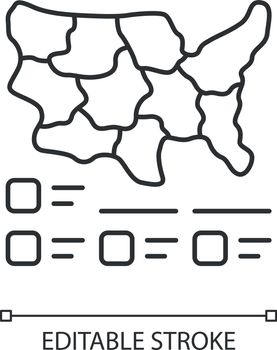 Cartogram linear icon. Diagram. USA map with statistics. Geographical differences graphic report. Thin line illustration. Contour symbol. Vector isolated outline drawing. Editable stroke