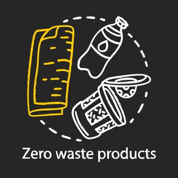 Zero waste products, recycling and reusing items chalk concept icon. Different recyclables and green eco, friendly produce, waste management idea. Vector isolated chalkboard illustration