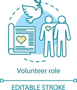 Volunteer role concept icon. Befriending, mentoring activity. Charity importance. Gratuitous help idea thin line illustration. Vector isolated outline drawing. Editable stroke
