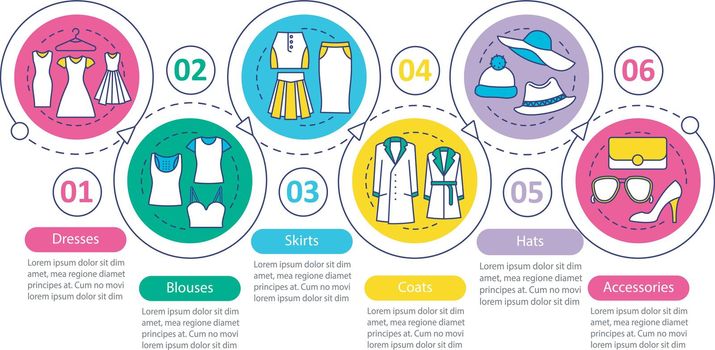 Women's fashion vector infographic template. Clothes. Dresses, blouses, skirts, coats, hats, accessories. Data visualization with six steps, options. Process timeline chart. Workflow layout with icons