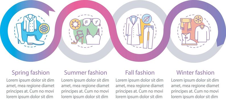 Fashion collections vector infographic template. Fall, winter, spring, summer outfits. Data visualization with four steps and options. Process timeline chart. Workflow layout with icons